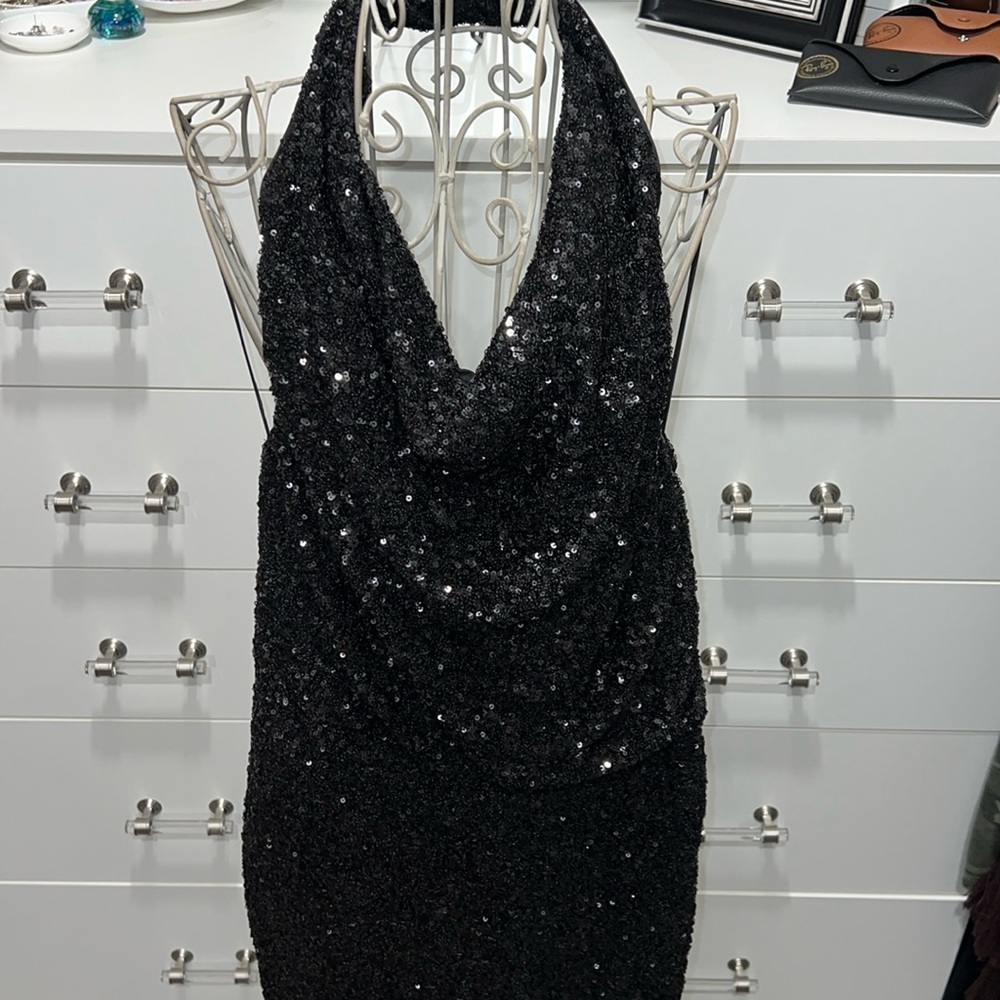 Express Sequin Halter Cowl Neck Wide Leg Jumpsuit, size S, NEW - Picture 9 of 9